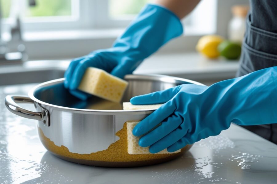 Mãos com luvas azuis limpando panelas de alumínio oxidadas em uma cozinha clara.