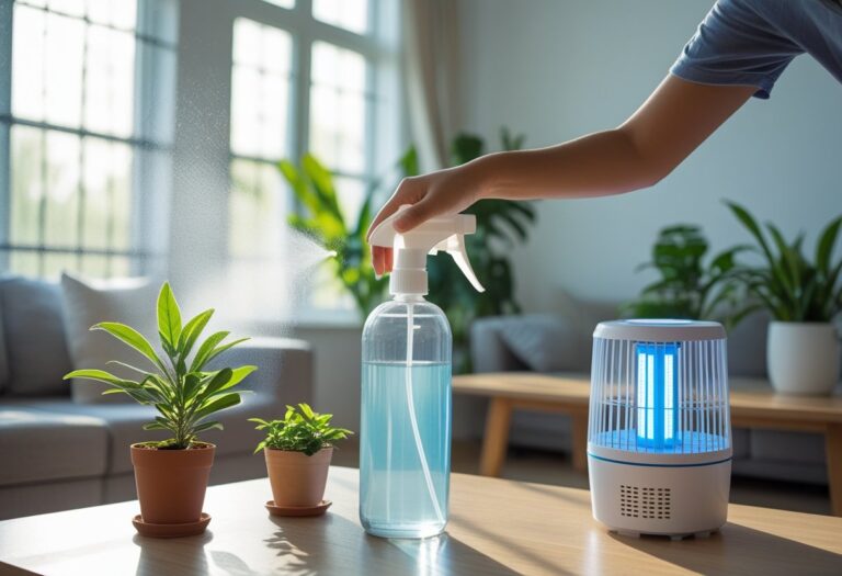 Pessoa aplicando repelente natural em uma sala iluminada, com plantas e um aparelho elétrico para mosquitos.