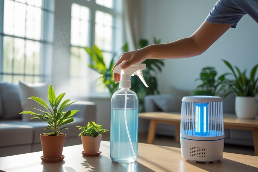 Pessoa aplicando repelente natural em uma sala iluminada, com plantas e um aparelho elétrico para mosquitos.