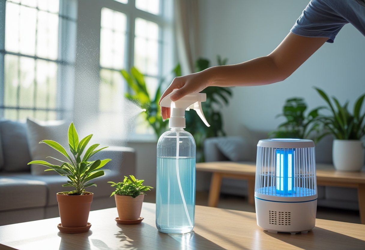 Pessoa aplicando repelente natural em uma sala iluminada, com plantas e um aparelho elétrico para mosquitos.