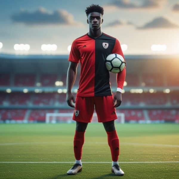 Jogador de futebol jovem e confiante em campo de futebol, segurando uma bola e olhando para a câmera.