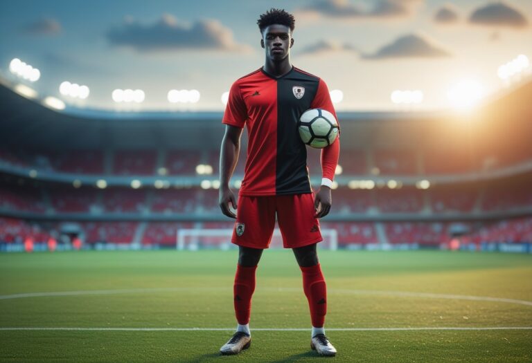 Jogador de futebol jovem e confiante em campo de futebol, segurando uma bola e olhando para a câmera.