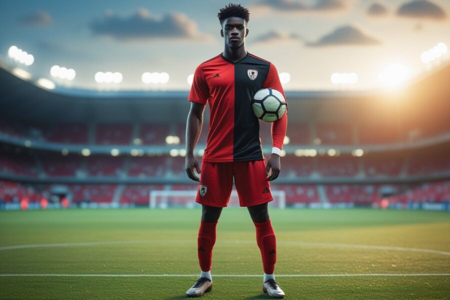 Jogador de futebol jovem e confiante em campo de futebol, segurando uma bola e olhando para a câmera.