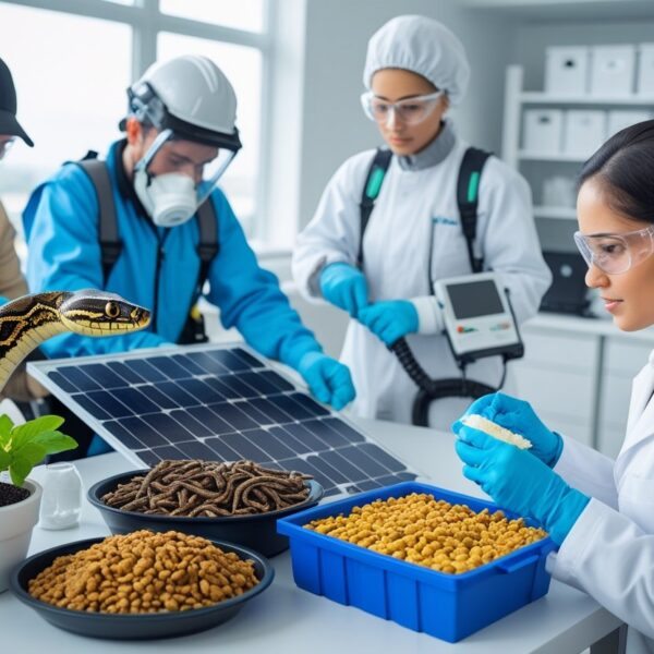 Quatro pessoas realizando profissões incomuns, incluindo um manipulador de cobras, um especialista em insetos exóticos, um limpador de painéis solares e um degustador de ração para animais em ambientes profissionais.