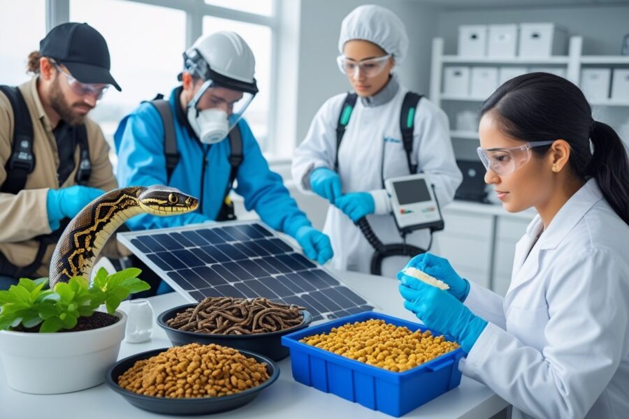 Quatro pessoas realizando profissões incomuns, incluindo um manipulador de cobras, um especialista em insetos exóticos, um limpador de painéis solares e um degustador de ração para animais em ambientes profissionais.