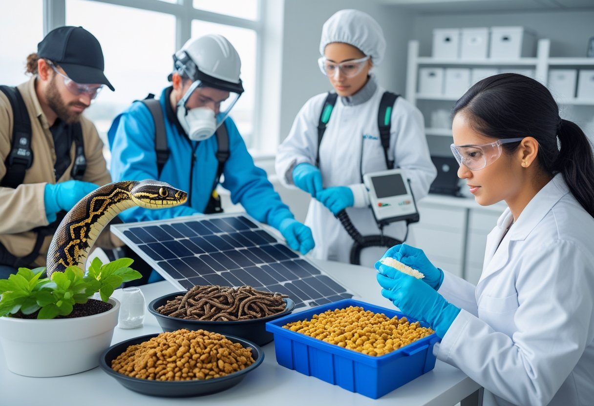 Quatro pessoas realizando profissões incomuns, incluindo um manipulador de cobras, um especialista em insetos exóticos, um limpador de painéis solares e um degustador de ração para animais em ambientes profissionais.
