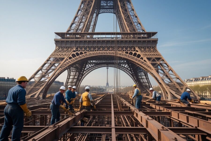 Operários trabalhando na construção da Torre Eiffel com a estrutura de ferro parcialmente erguida ao fundo.