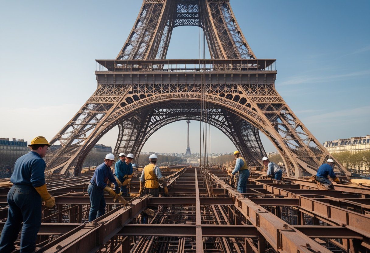 Operários trabalhando na construção da Torre Eiffel com a estrutura de ferro parcialmente erguida ao fundo.