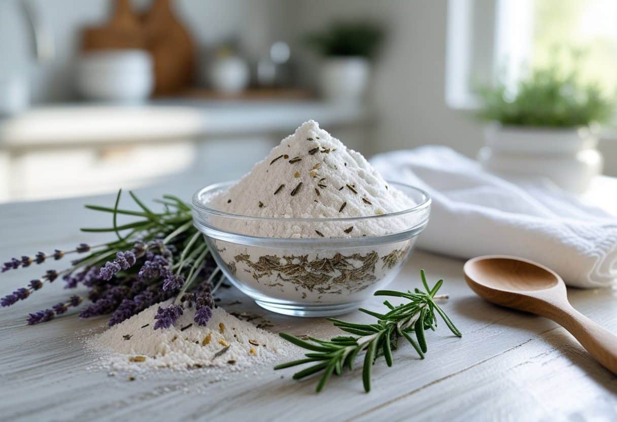 Uma tigela de vidro com uma mistura branca para limpeza a seco de tapete, ao lado de ervas frescas e uma colher de madeira sobre uma superfície de madeira em uma cozinha iluminada.