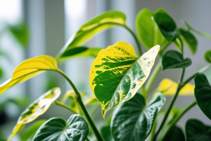 Folhas de planta com algumas partes amarelas em meio a folhas verdes.