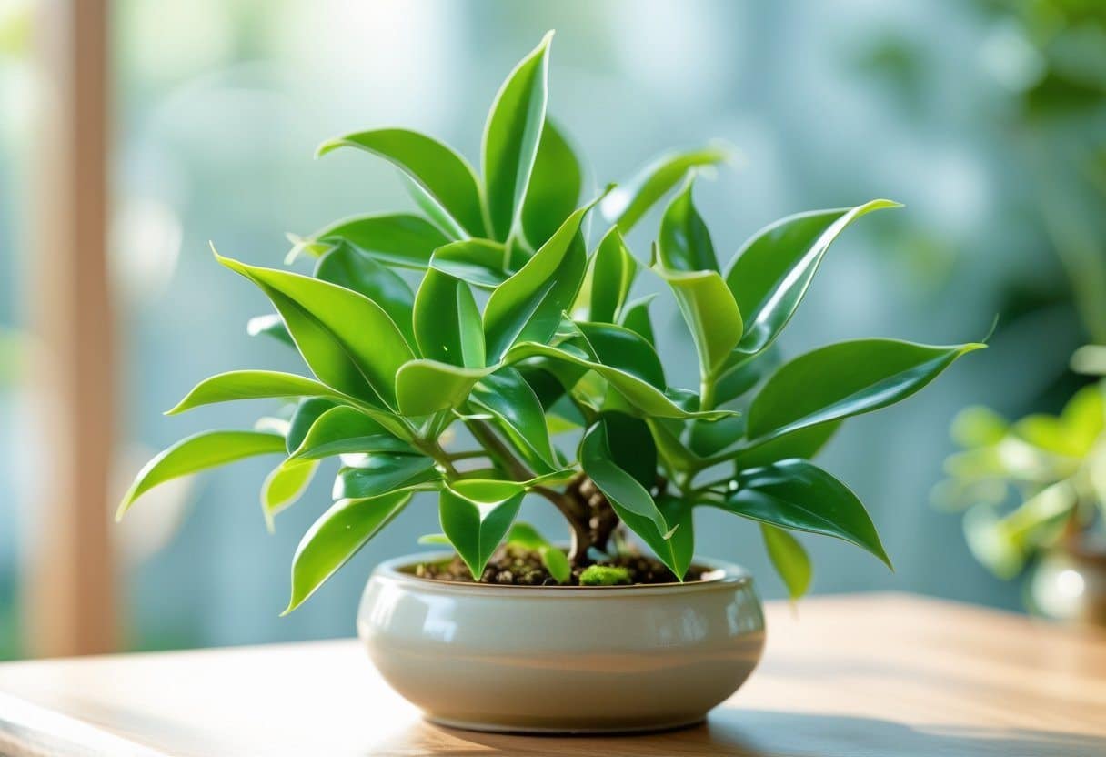 Planta jade com folhas verdes e brilhantes em um vaso cerâmico sobre uma superfície de madeira, com fundo desfocado.