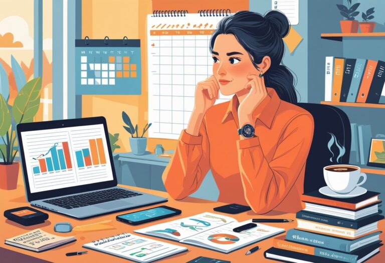 Mulher jovem sentada em uma mesa de escritório em casa, pensativa e motivada, com laptop, caderno, smartphone e livros ao redor, simbolizando planejamento para ganhar dinheiro.