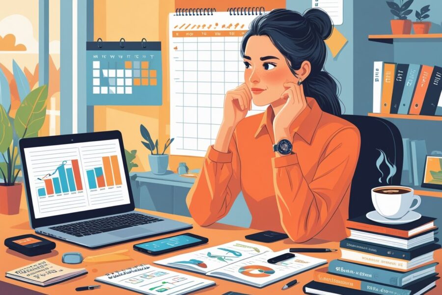 Mulher jovem sentada em uma mesa de escritório em casa, pensativa e motivada, com laptop, caderno, smartphone e livros ao redor, simbolizando planejamento para ganhar dinheiro.