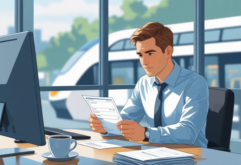 Pessoa sentada à mesa de trabalho analisando um contracheque com elementos de transporte ao fundo.