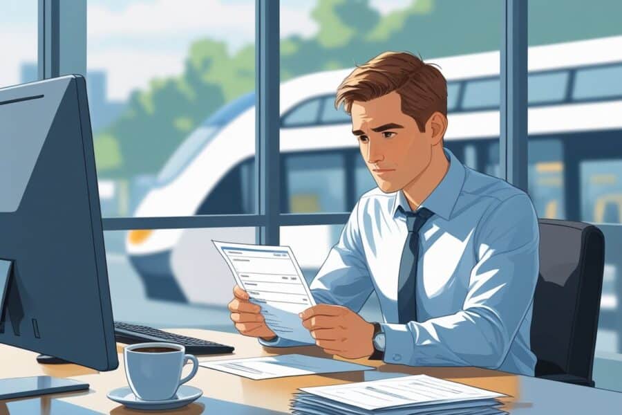 Pessoa sentada à mesa de trabalho analisando um contracheque com elementos de transporte ao fundo.