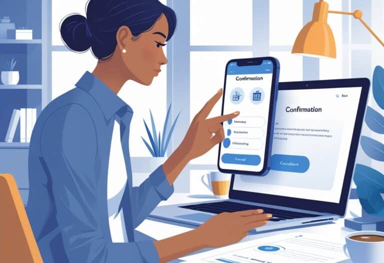 Pessoa usando um smartphone para cancelar um saque aniversário em um ambiente moderno com mesa e laptop.