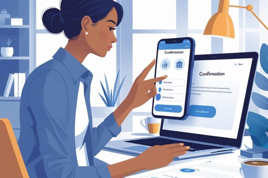 Pessoa usando um smartphone para cancelar um saque aniversário em um ambiente moderno com mesa e laptop.
