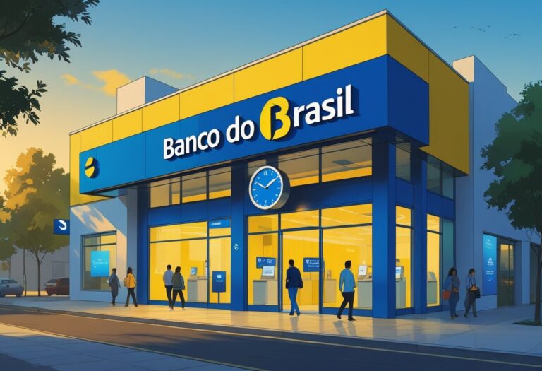 Fachada de uma agência do Banco do Brasil no final da tarde com pessoas entrando e saindo e um relógio próximo à entrada mostrando o horário próximo ao fechamento.