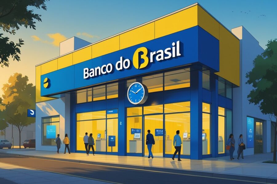 Fachada de uma agência do Banco do Brasil no final da tarde com pessoas entrando e saindo e um relógio próximo à entrada mostrando o horário próximo ao fechamento.