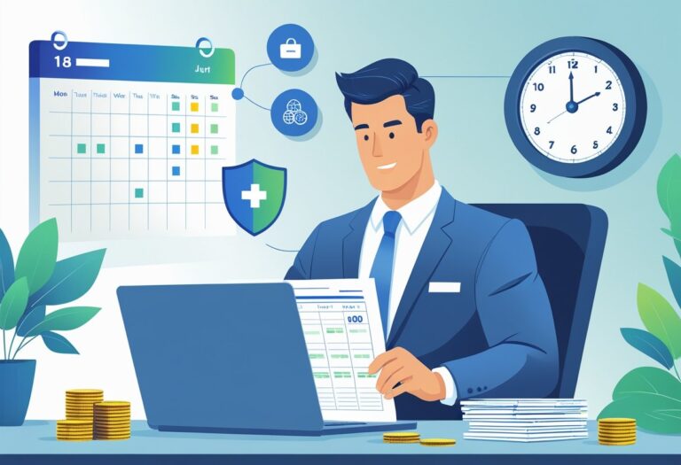 Pessoa profissional sentada em uma mesa com laptop e documentos, com calendário e relógio ao fundo, simbolizando antecipação de seguro desemprego.