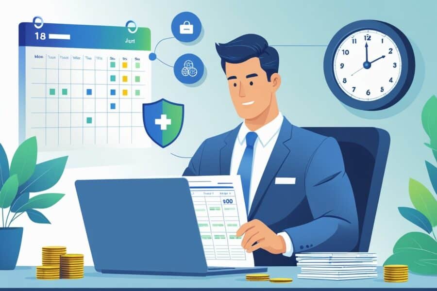 Pessoa profissional sentada em uma mesa com laptop e documentos, com calendário e relógio ao fundo, simbolizando antecipação de seguro desemprego.