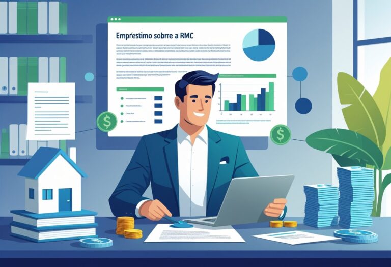 Um consultor financeiro explicando para um cliente o processo de empréstimo com garantia de imóvel em um escritório moderno.