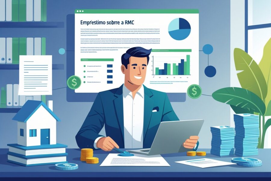 Um consultor financeiro explicando para um cliente o processo de empréstimo com garantia de imóvel em um escritório moderno.