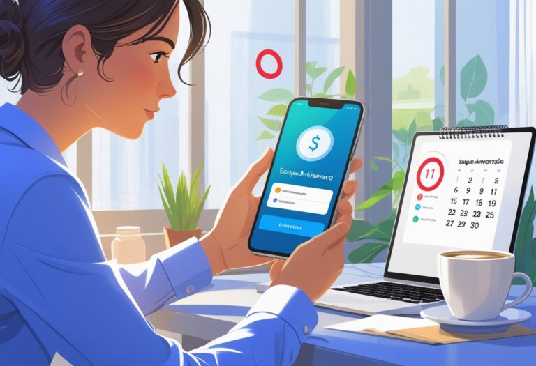 Pessoa verificando o celular para saber quando o saque-aniversário será depositado, sentada em uma mesa com um calendário e um laptop.