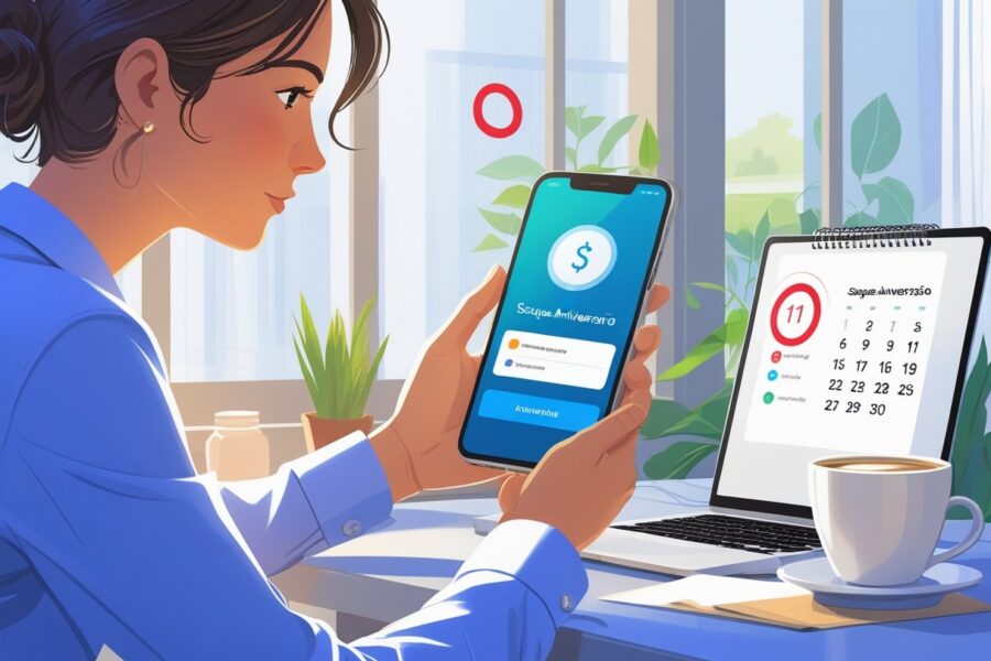 Pessoa verificando o celular para saber quando o saque-aniversário será depositado, sentada em uma mesa com um calendário e um laptop.
