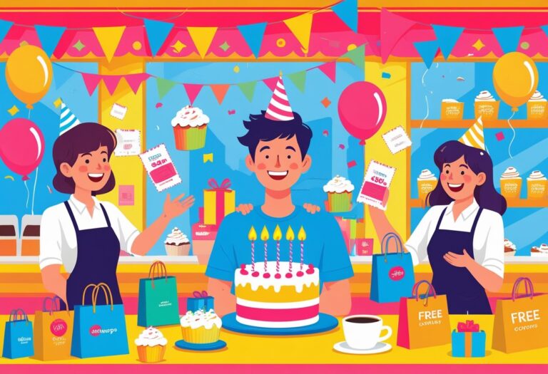 Pessoa sorridente segurando um bolo de aniversário em uma festa com balões e funcionários entregando presentes e brindes em uma cafeteria.