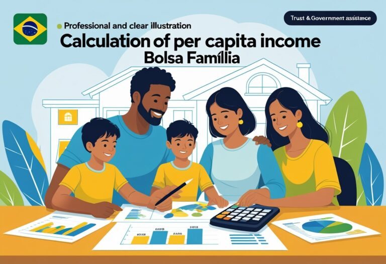 Uma família brasileira de quatro pessoas sentada à mesa calculando renda per capita com documentos e uma calculadora.