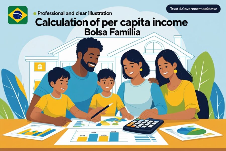 Uma família brasileira de quatro pessoas sentada à mesa calculando renda per capita com documentos e uma calculadora.