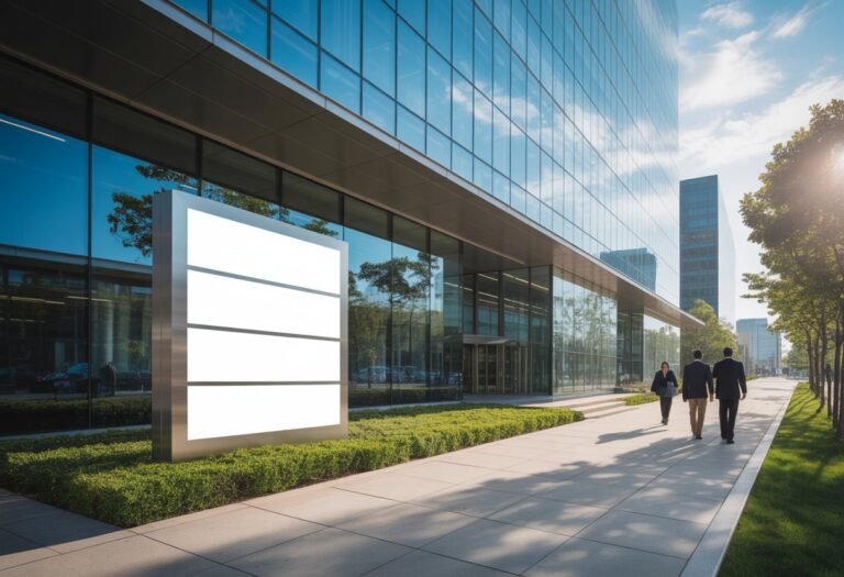 Edifício corporativo moderno com fachada de vidro e pessoas caminhando na frente durante o dia.
