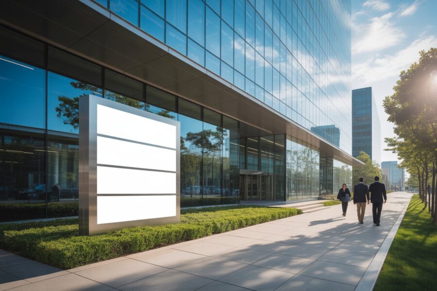 Edifício corporativo moderno com fachada de vidro e pessoas caminhando na frente durante o dia.