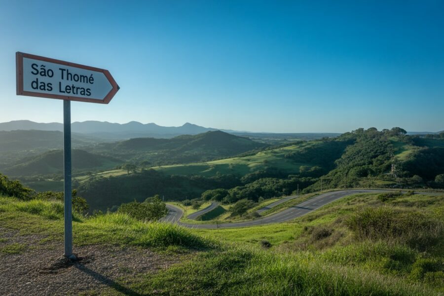 Vista panorâmica das colinas verdes e estradas sinuosas próximas a São Thomé das Letras, com montanhas ao fundo sob céu azul.