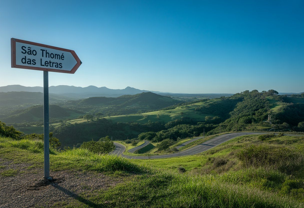 Vista panorâmica das colinas verdes e estradas sinuosas próximas a São Thomé das Letras, com montanhas ao fundo sob céu azul.