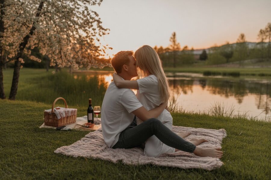 Casal abraçado em um local ao ar livre perto de um lago ao pôr do sol, rodeado por árvores e flores.