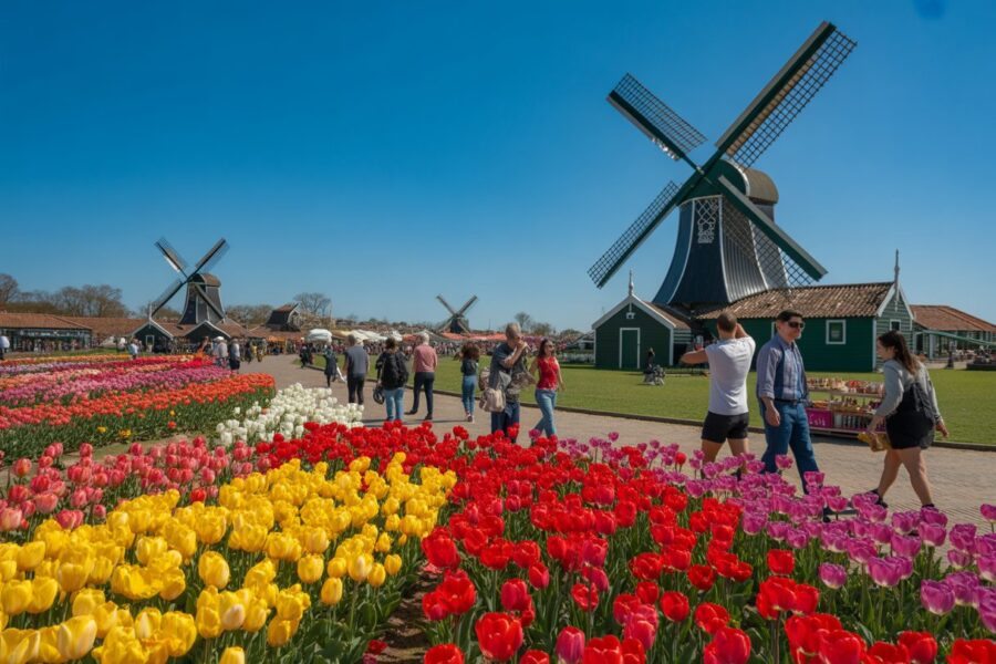 Campo de tulipas coloridas com moinhos de vento ao fundo e pessoas caminhando em Holambra.