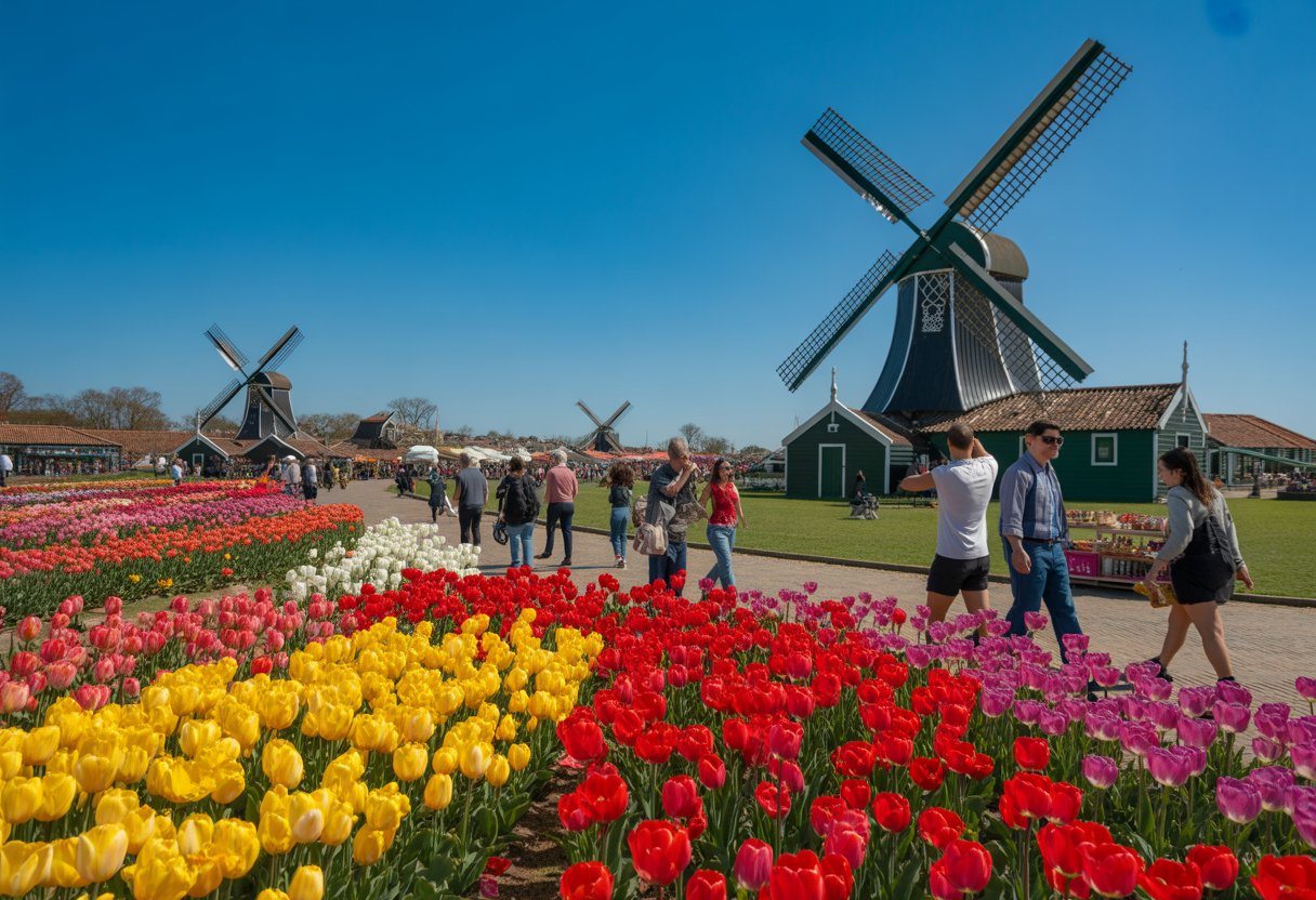 Campo de tulipas coloridas com moinhos de vento ao fundo e pessoas caminhando em Holambra.