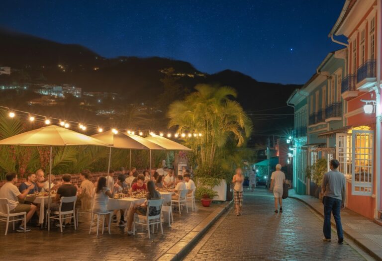 Rua movimentada à noite em Teresópolis com pessoas jantando ao ar livre, montanhas ao fundo e iluminação aconchegante.