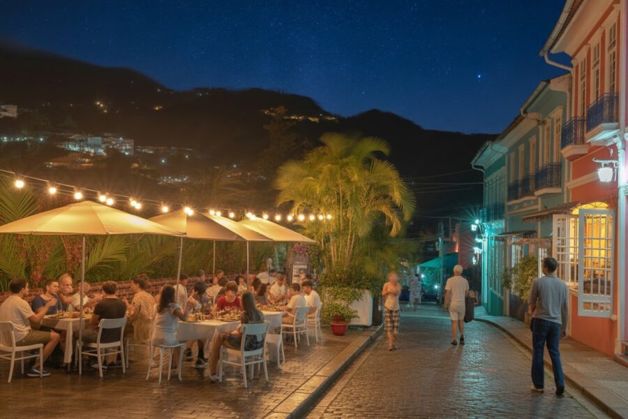 Rua movimentada à noite em Teresópolis com pessoas jantando ao ar livre, montanhas ao fundo e iluminação aconchegante.