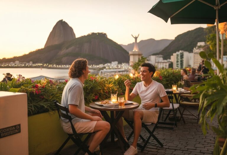 Casal desfrutando de um jantar romântico ao ar livre no Rio de Janeiro ao pôr do sol, com o Pão de Açúcar e o Cristo Redentor ao fundo.
