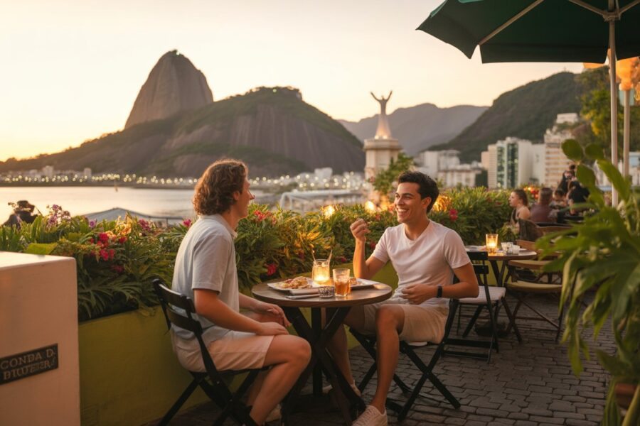 Casal desfrutando de um jantar romântico ao ar livre no Rio de Janeiro ao pôr do sol, com o Pão de Açúcar e o Cristo Redentor ao fundo.