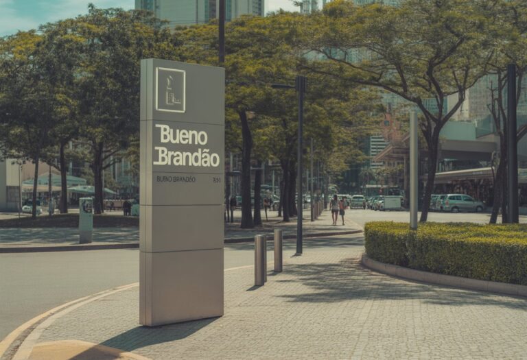 Vista de uma área urbana moderna com árvores e pessoas caminhando, indicando proximidade com Bueno Brandão.