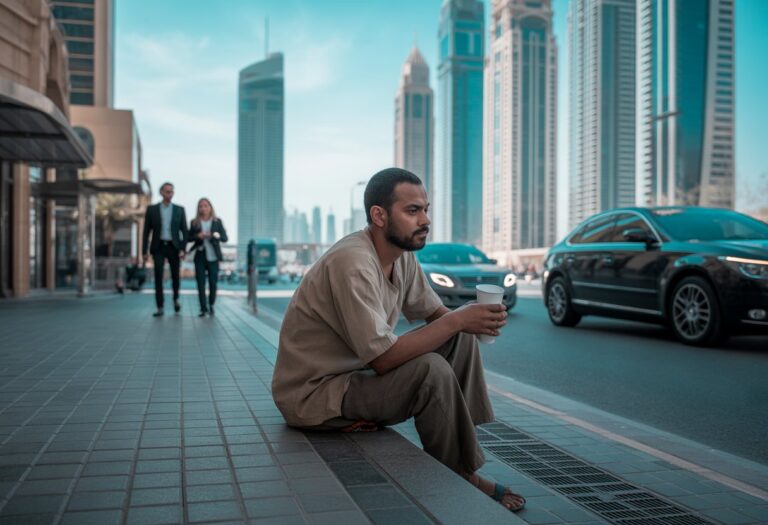 Um homem em situação de rua sentado na calçada da cidade de Dubai, com arranha-céus e pessoas passando ao fundo.