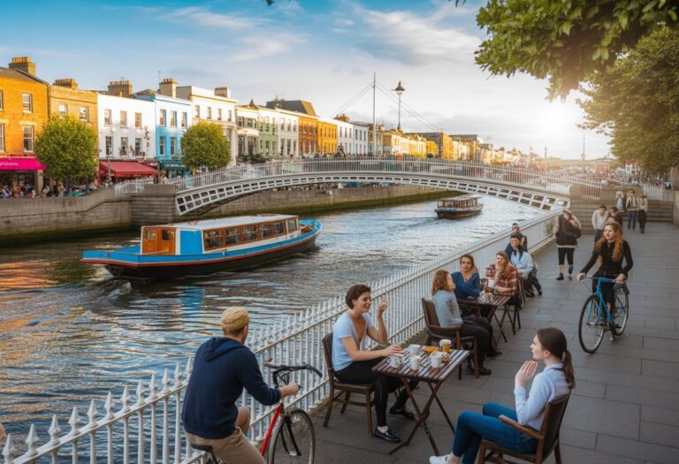 Vista da Ponte Ha'penny sobre o Rio Liffey em Dublin com pessoas caminhando, cafés ao ar livre e arquitetura georgiana ao fundo.