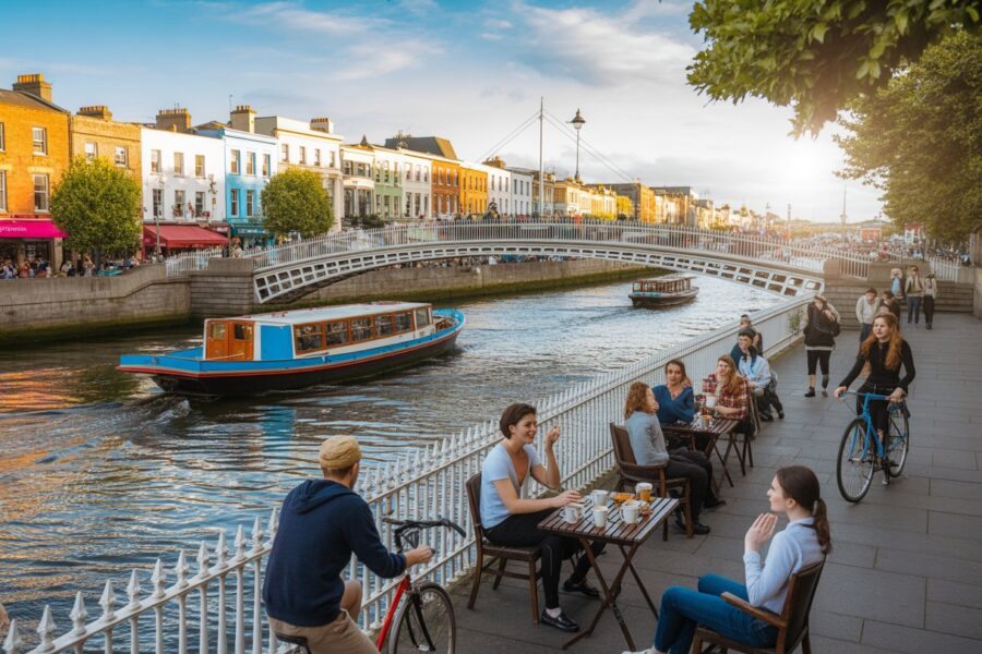 Vista da Ponte Ha'penny sobre o Rio Liffey em Dublin com pessoas caminhando, cafés ao ar livre e arquitetura georgiana ao fundo.