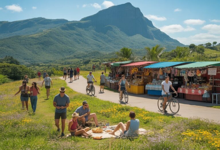 Pessoas aproveitando atividades ao ar livre em Miguel Pereira, com montanhas verdes ao fundo, trilhas para caminhada, ciclistas e um mercado local com barracas de frutas e artesanato.