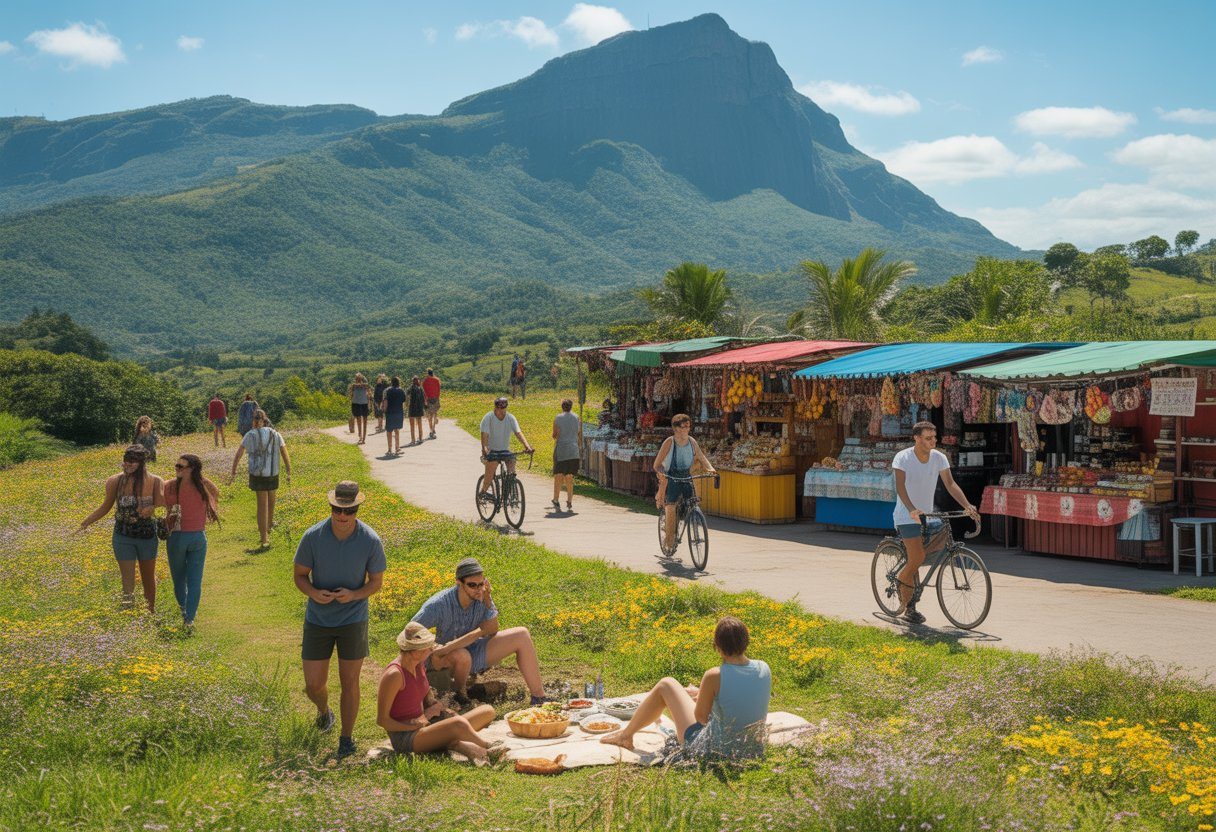 Pessoas aproveitando atividades ao ar livre em Miguel Pereira, com montanhas verdes ao fundo, trilhas para caminhada, ciclistas e um mercado local com barracas de frutas e artesanato.
