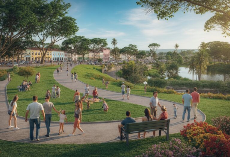 Parque em Guararema com árvores verdes, pessoas caminhando, famílias fazendo piquenique e crianças brincando em um playground.